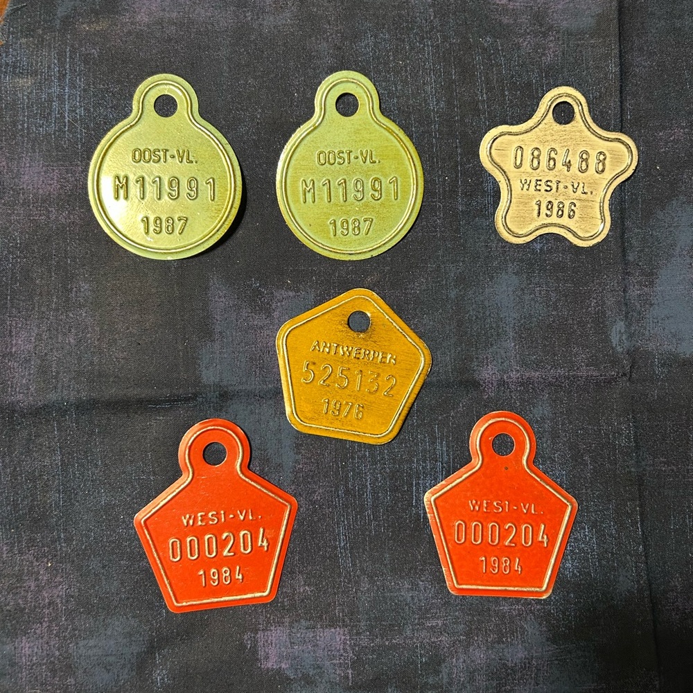 Vintage Belgian Metal Tags Set of 6